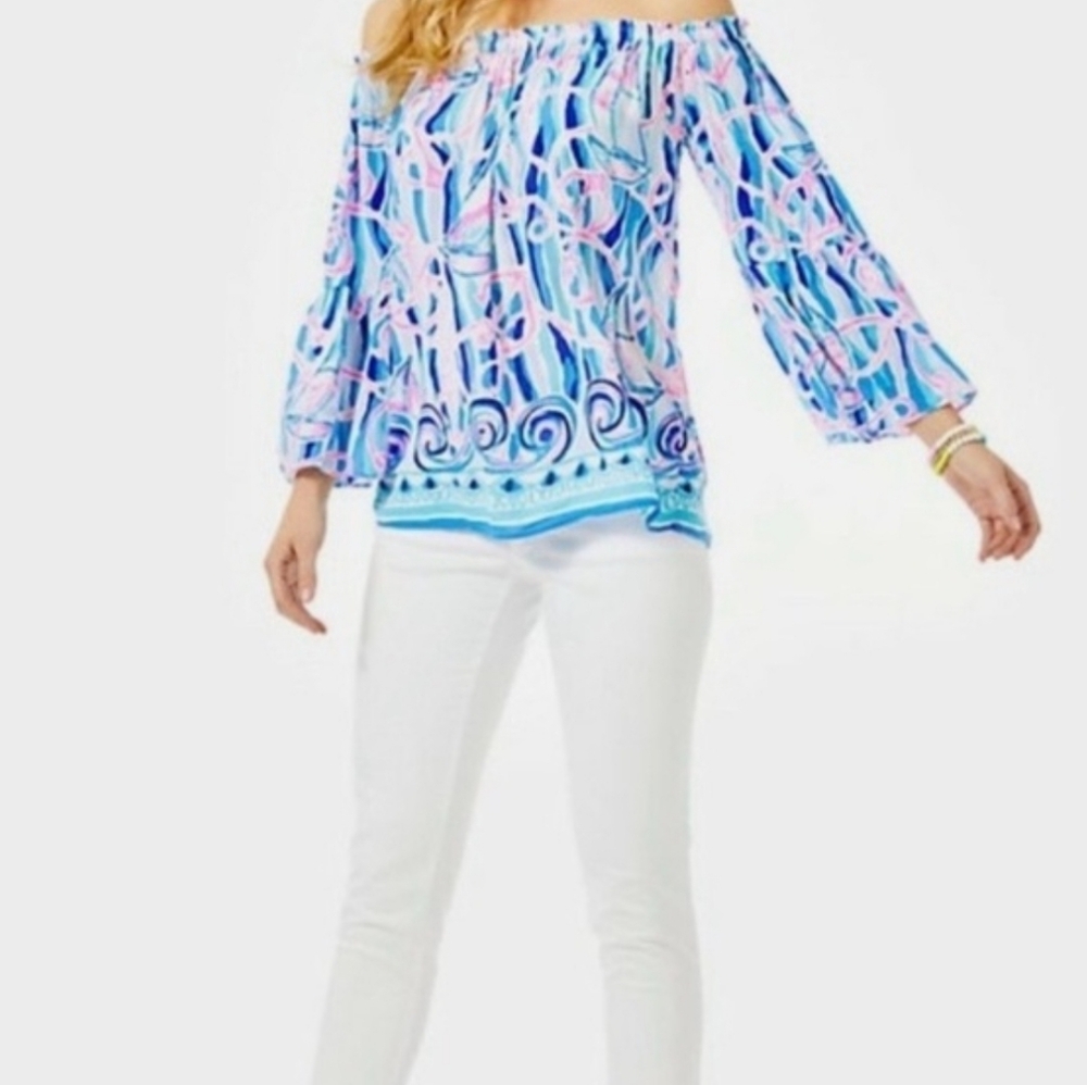 Lilly Pulitzer Nevie Blue and Pink Patterned Blouse